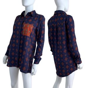 House of Harlow 1960 Size XS Cyndee Ajrak Scarf Satin Button Up Blouse Top Boho